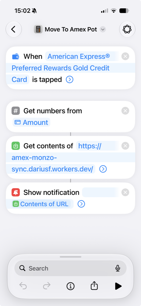 The Apple Shortcut: when the Amex card is tapped, it gets the transaction amount and calls the Cloudflare Worker endpoint to trigger the pot transfer